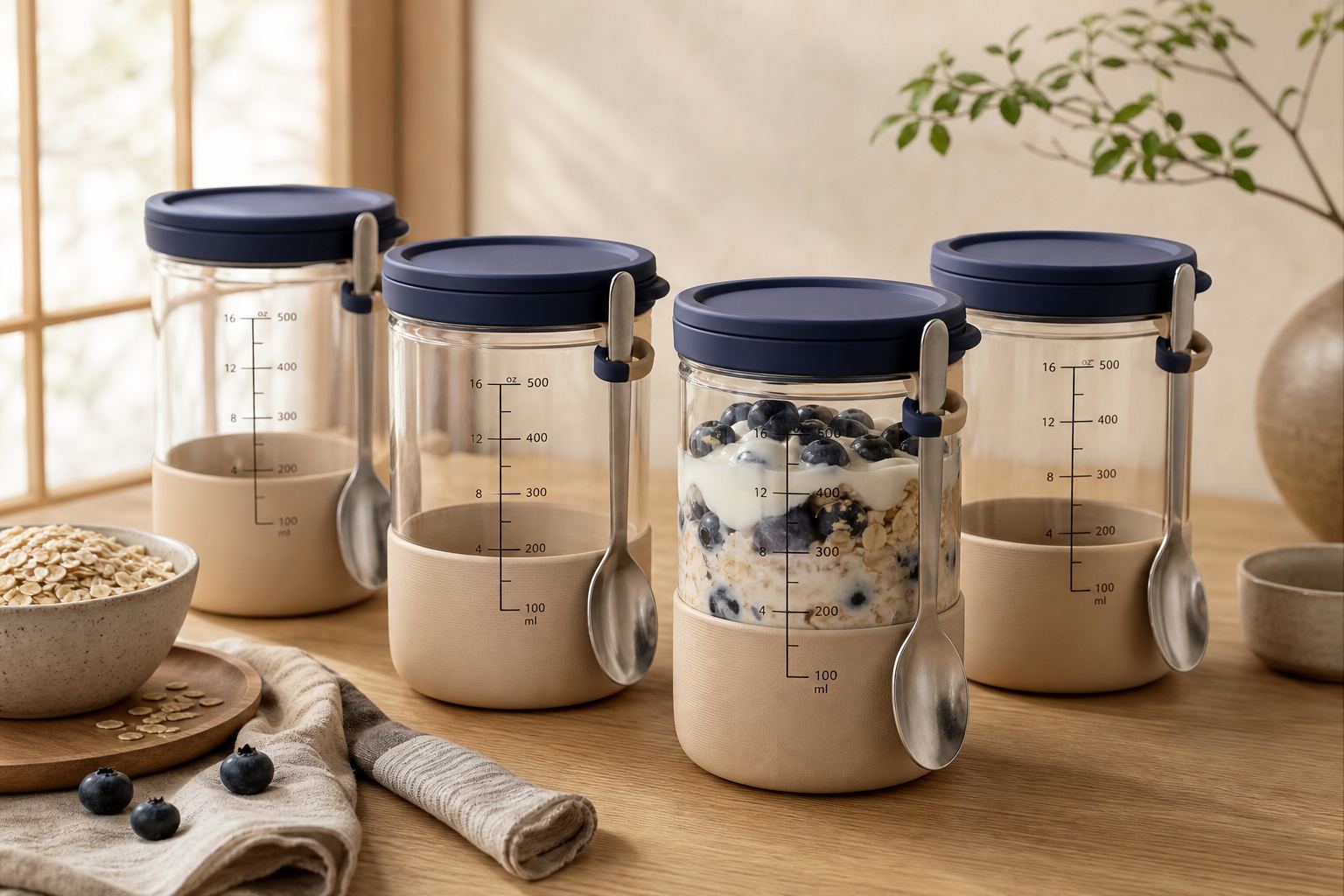 Four OatOz 16 ounce overnight oats jars with measurement marks and silicone sleeves